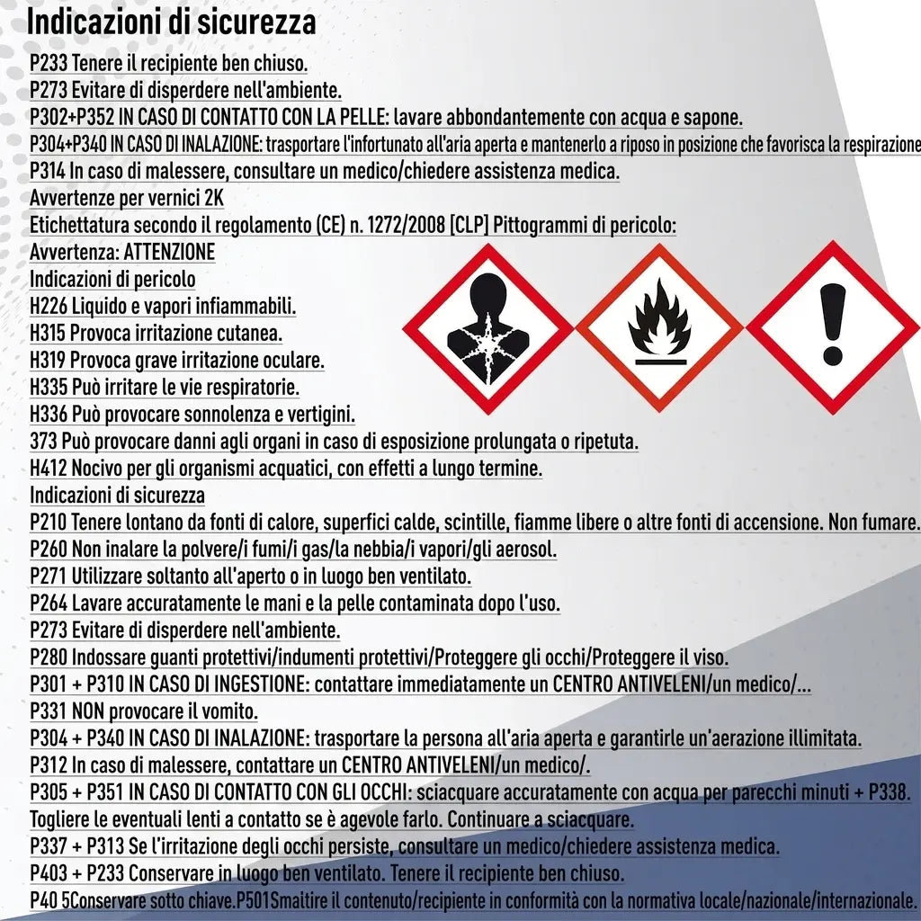 Istruzioni di sicurezza dettagliate e simboli di pericolo CLP per prodotti chimici.