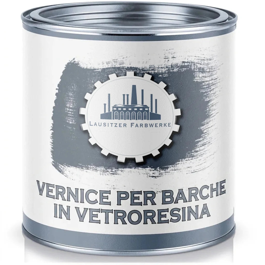 Barattolo di vernice metallico con etichetta LAUSITZER FARBWERKE e scritta BOOTSLACK (vernice per barche)