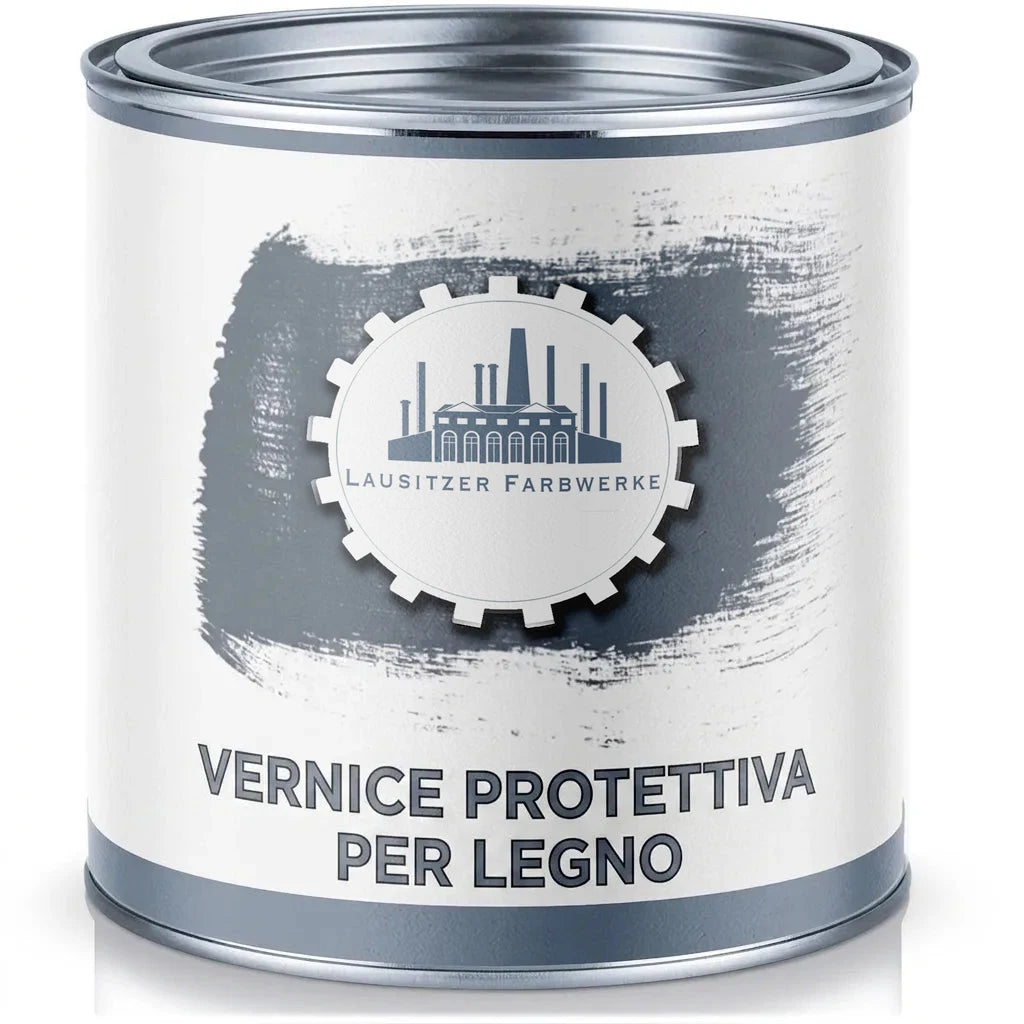 Lattina di vernice protettiva per legno della Lausitzer Farbwerke con logo a forma di ingranaggio.