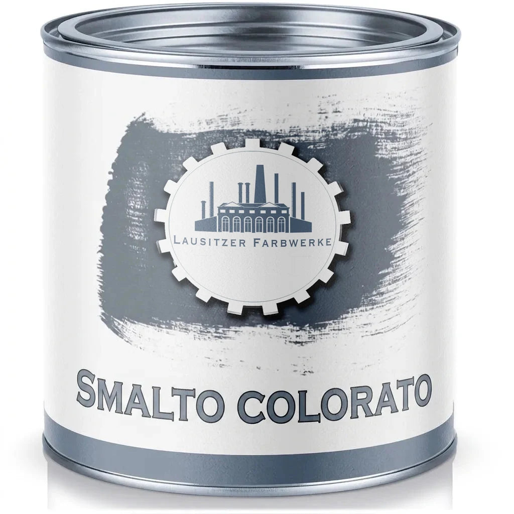 Barattolo di vernice BUNTLACK (smalto colorato) grigio con logo LAUSITZER FARBWERKE.