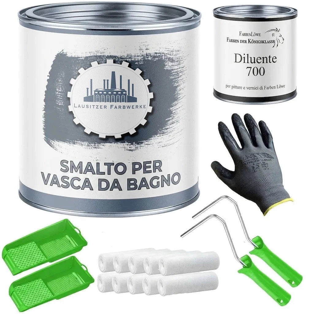 Kit completo per verniciare vasca: vernice per vasca, diluente, guanti protettivi, rulli e vaschette.