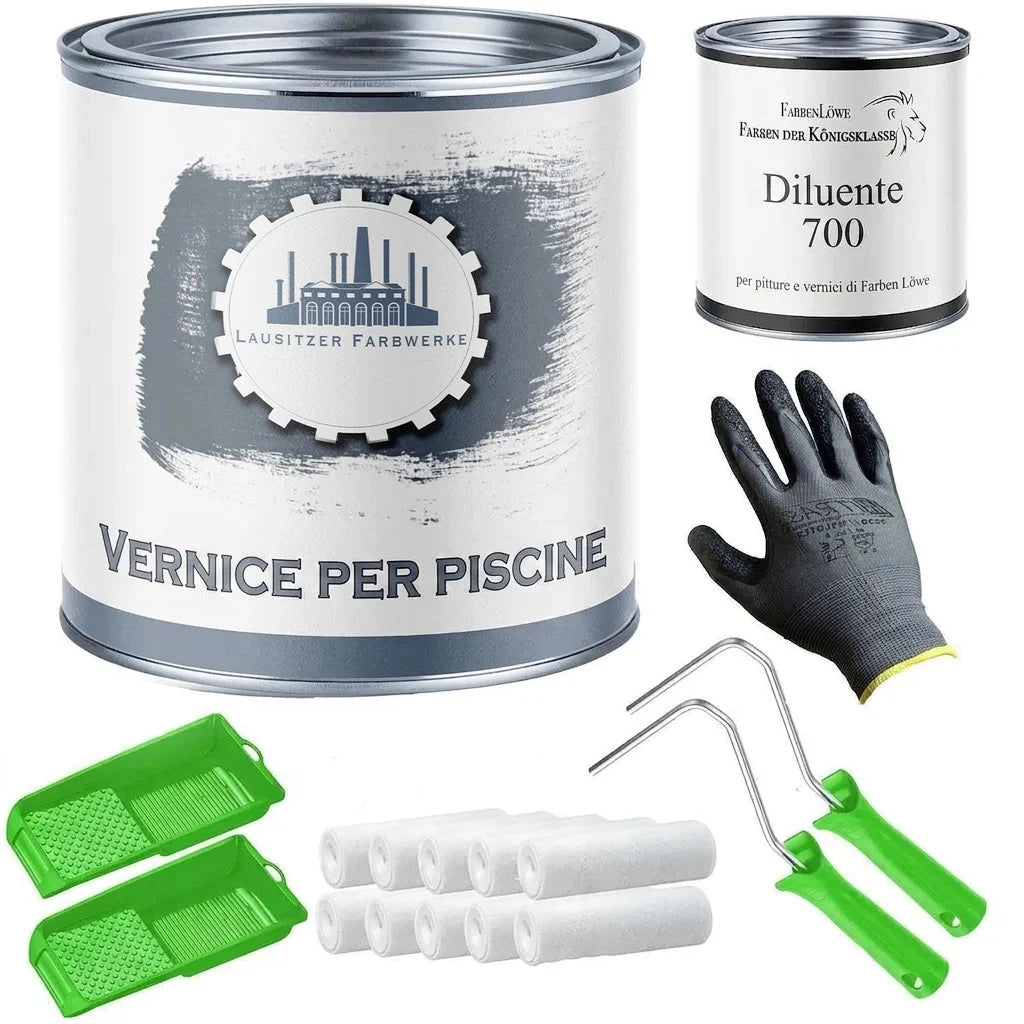 Set completo per verniciare piscine: pittura, diluente, guanti protettivi, rulli e vaschette.