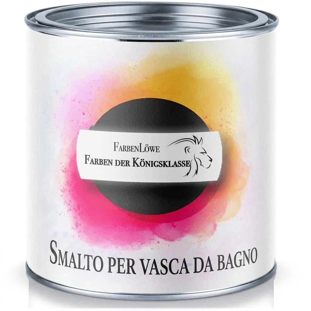 Lattina di vernice FarbenLöwe, smalto premium per vasche da bagno, con logo leone e design colorato.