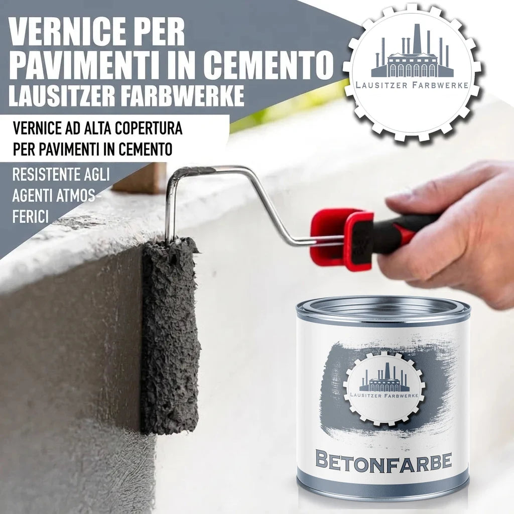 Vernice per pavimenti in cemento Lausitzer Farbwerke. Barattolo di "BETONFARBE" e rullo che applica la vernice.