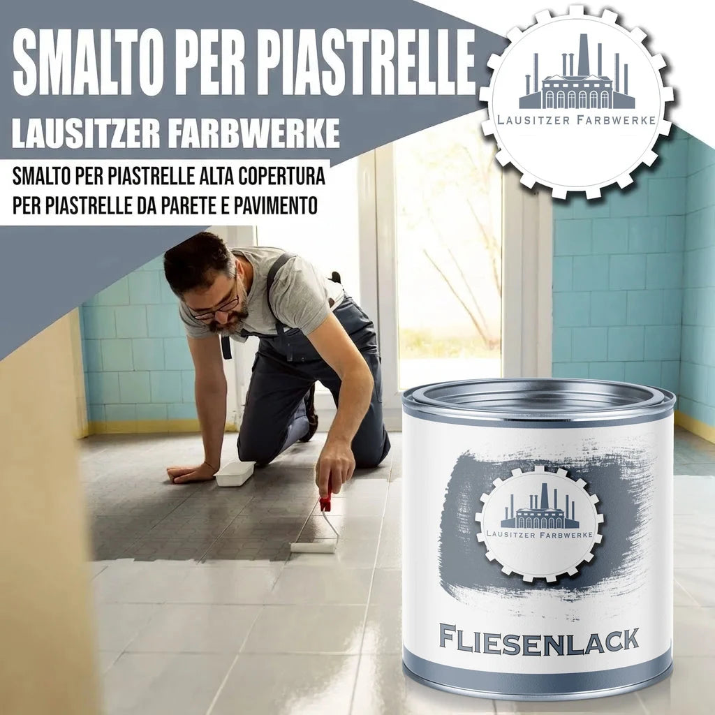 Smalto per piastrelle "Lausitzer Farbwerke" con uomo che pittura il pavimento. Lattina con "Fliesenlack".