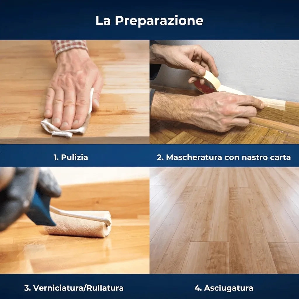Quattro passaggi di preparazione: pulizia, mascheratura, pittura/rullatura e asciugatura di un pavimento in legno.