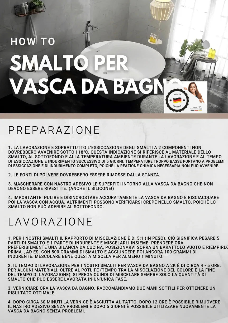 Istruzioni dettagliate su come verniciare una vasca da bagno, con fasi di preparazione e applicazione.