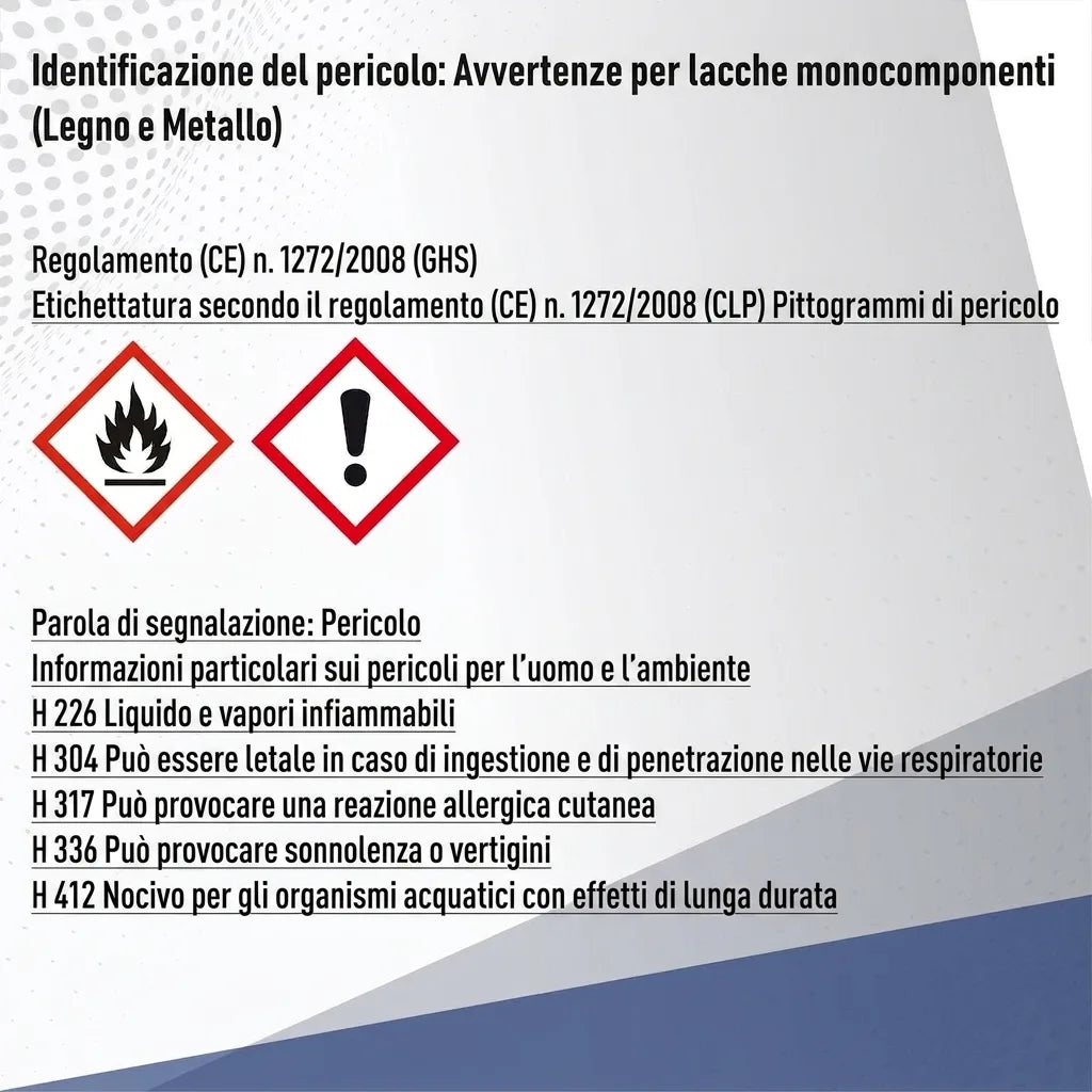 Etichetta di sicurezza per vernici 1K (legno e metallo) con pittogrammi di pericolo GHS e frasi H.