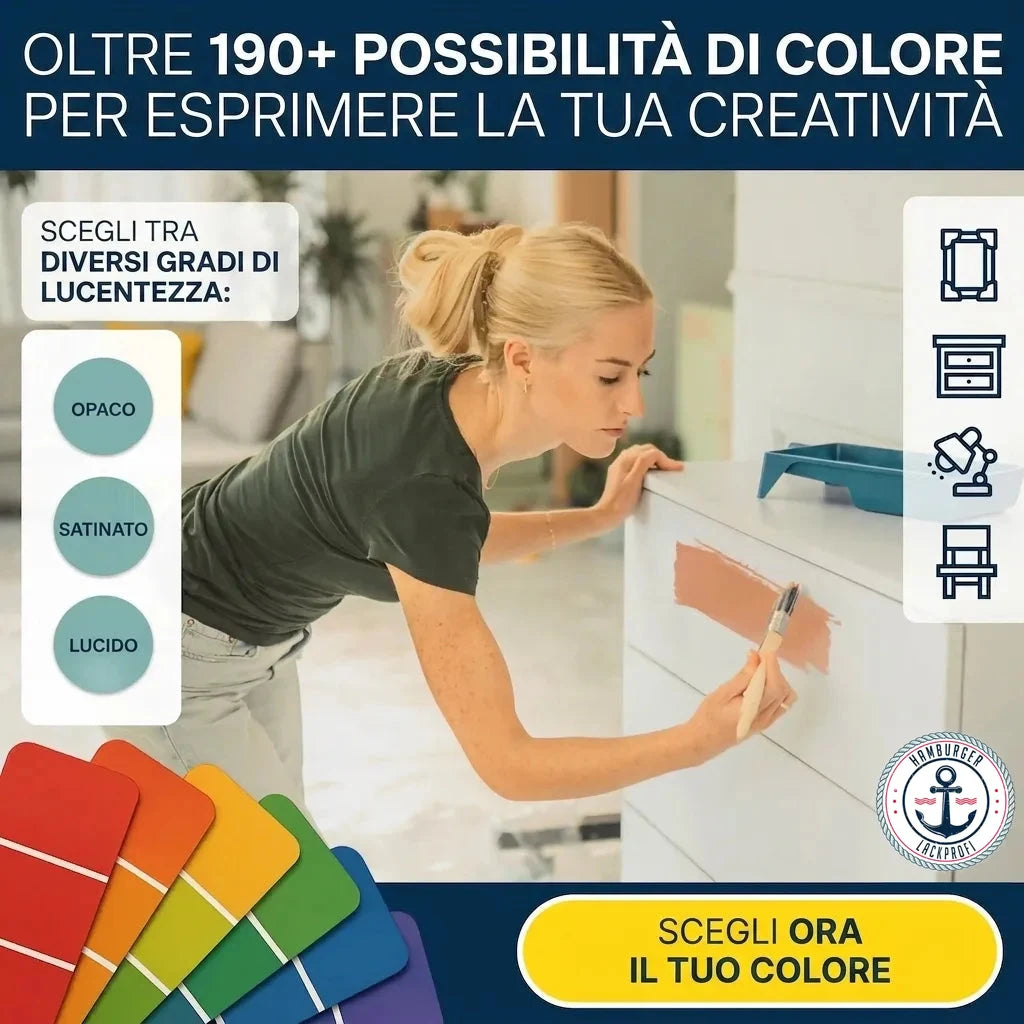 Vernice per mobili: donna dipinge un comò. Oltre 190 colori e finiture, opaco, satinato, lucido.