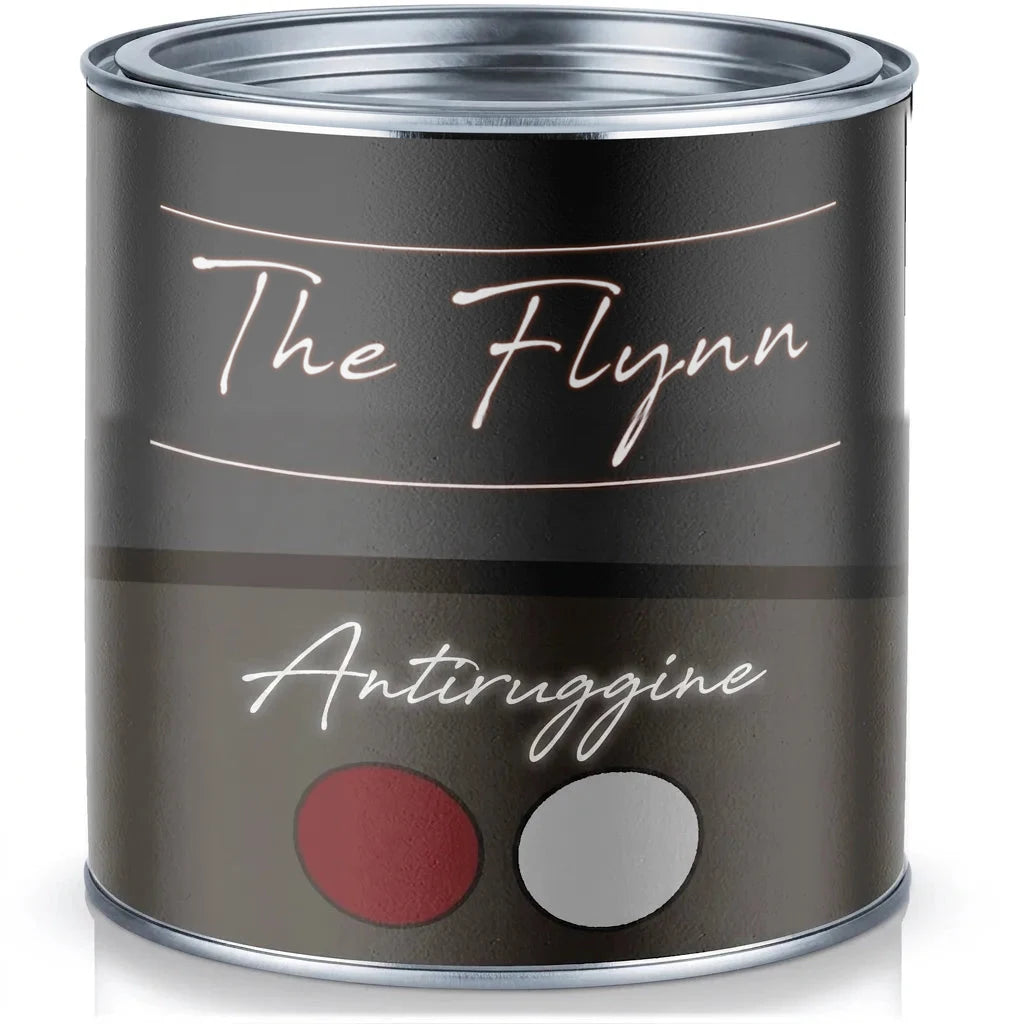 Lattina di vernice The Flynn Rostschutz marrone scuro con campioni di colore rosso scuro e grigio.