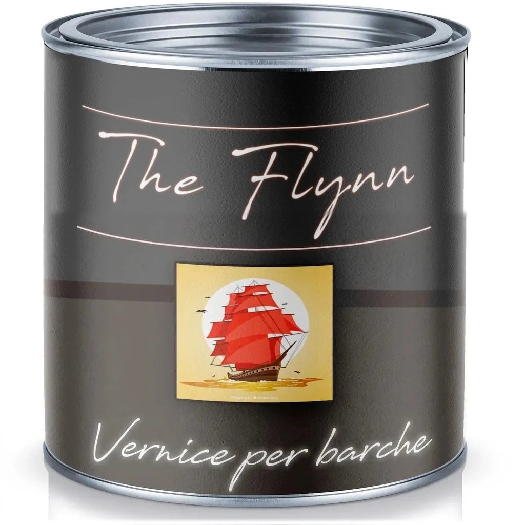 Lattina di vernice The Flynn Bootslack con illustrazione di nave a vela rossa.