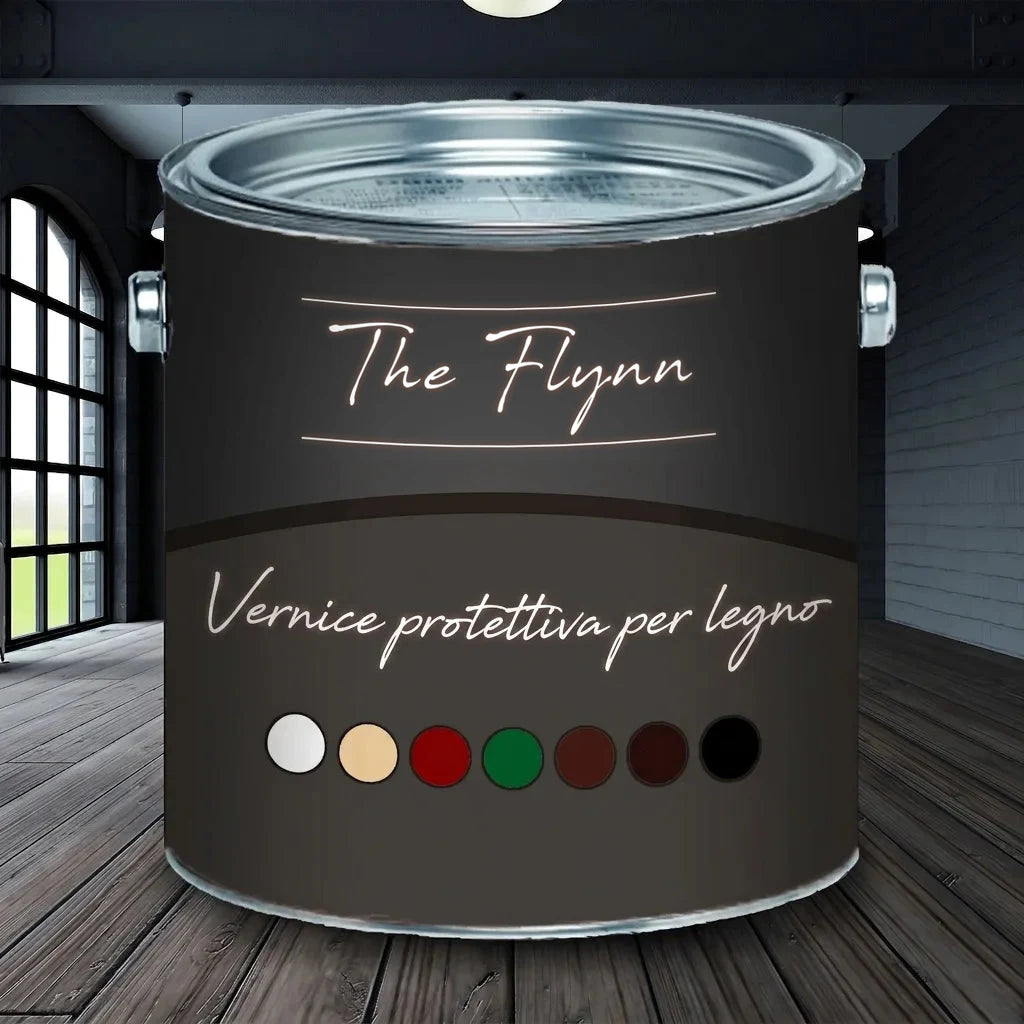 Lattina di vernice protettiva per legno The Flynn, con campioni colore bianco, rosso, marrone, nero, in ambiente industriale.
