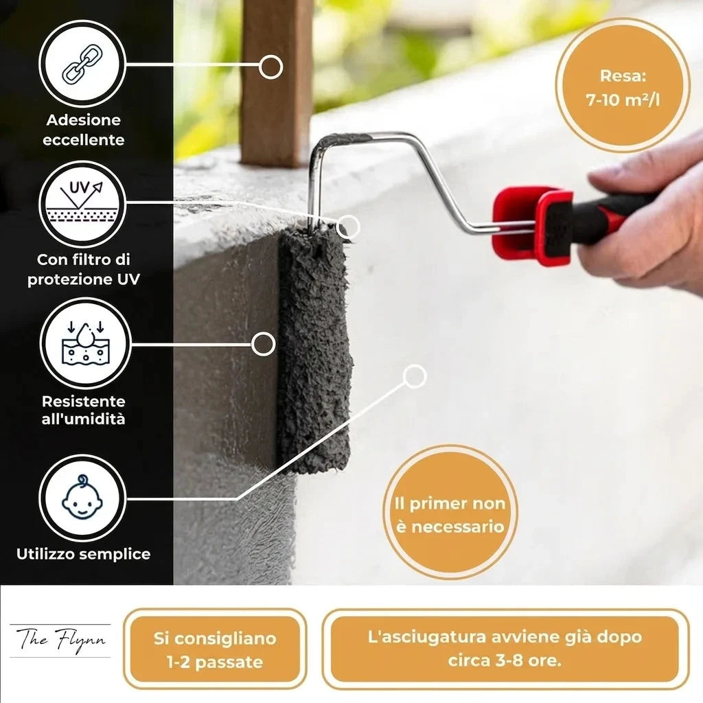 Rivestimento impermeabilizzante con rullo su cemento. Dettagli: ottima aderenza, UV, resistente umidità, senza primer.