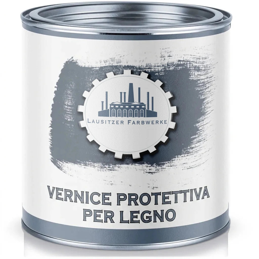 Lattina di vernice grigia per protezione del legno, con il logo Lausitzer Farbwerke.