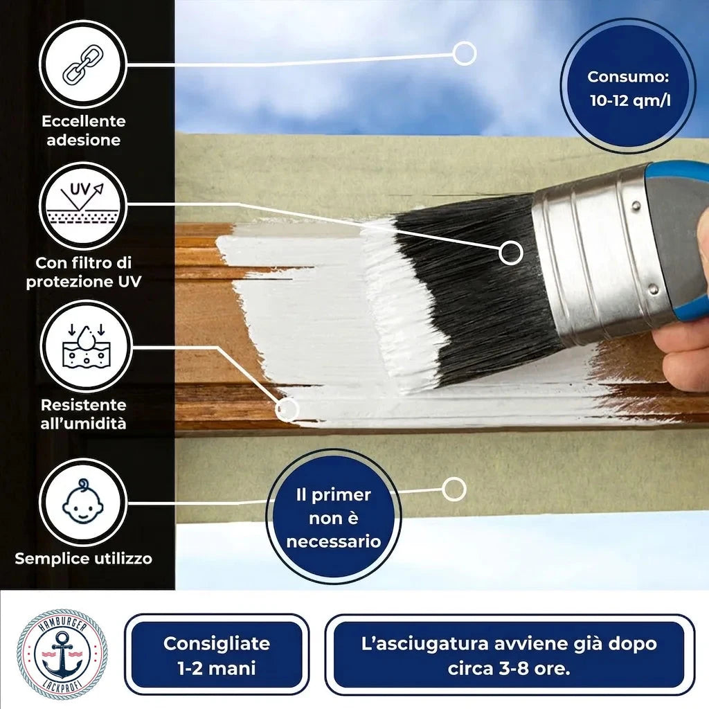 Vernice bianca su legno applicata con pennello. Resa 10-12 mq/l, protezione UV, resistente all'umidità, facile uso.