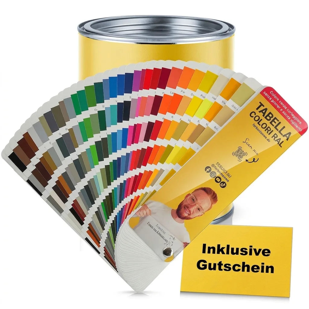 Campioni di colore RAL, lattina di vernice gialla e voucher. Pittura senza carteggiare, primer o sigillatura.