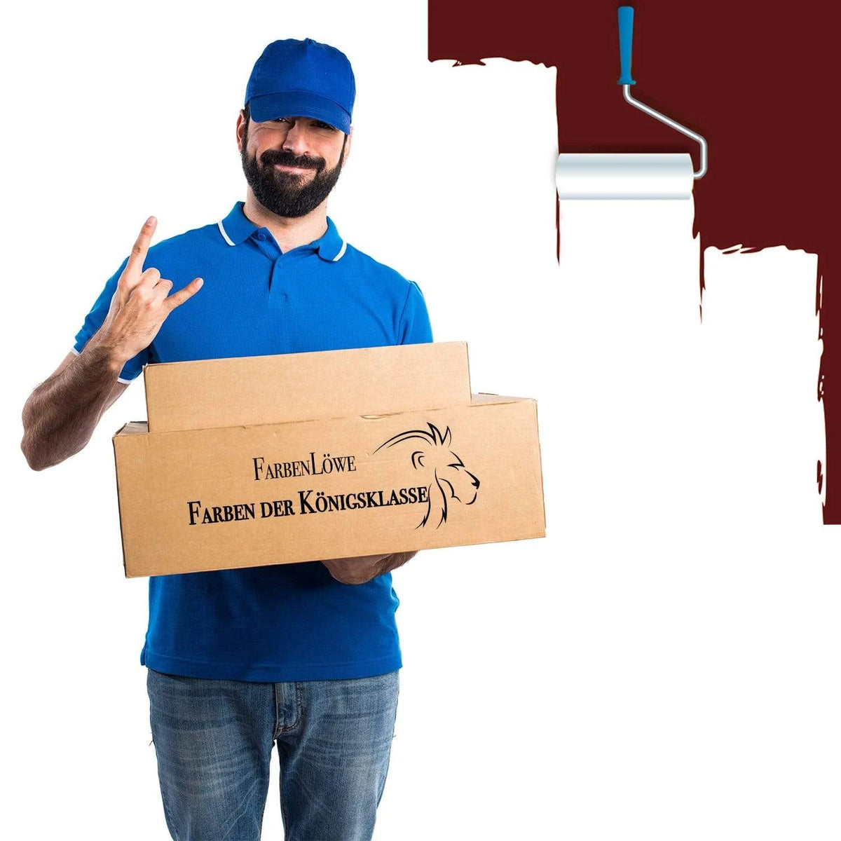Fattorino sorridente consegna scatole di FarbenLöwe, pitture Königsklasse, con rullo che dipinge.
