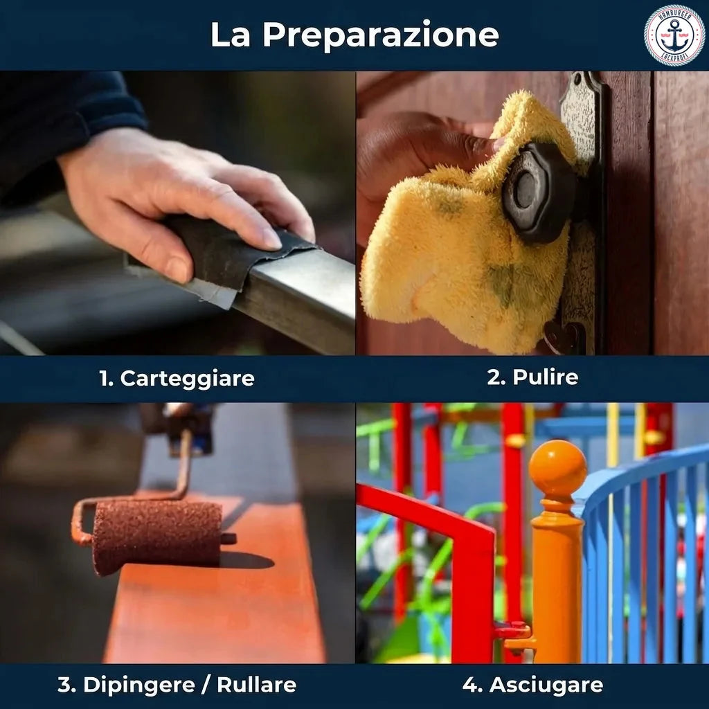 Fasi di preparazione: levigatura, pulizia, pittura e asciugatura di superfici, illustrato con ringhiere colorate.