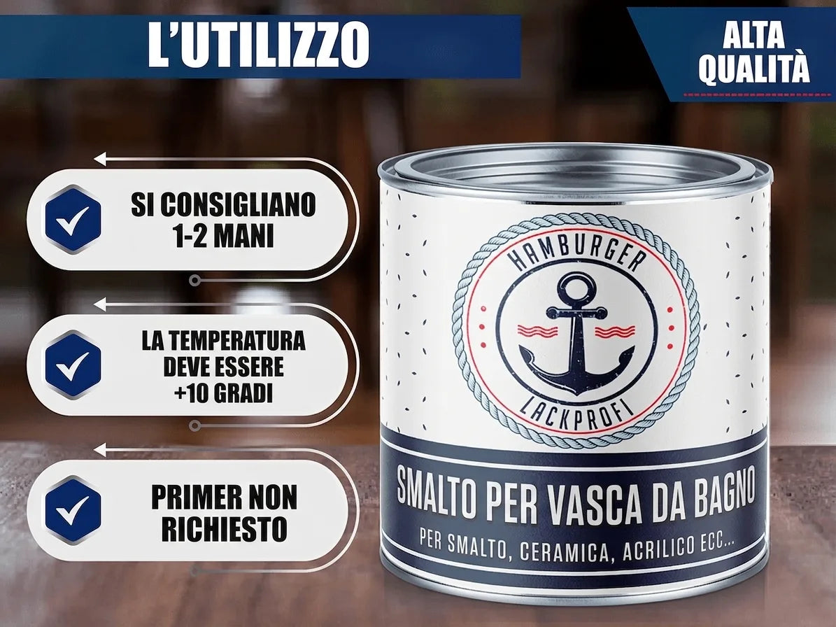 Barattolo di smalto per vasca da bagno Hamburger Lackprofi. Istruzioni: 1-2 mani, +10°C min. Alta qualità.