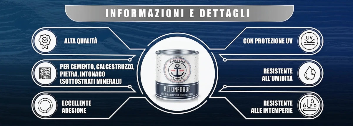 Dettagli vernice per cemento: alta qualità, protezione UV, resistenza umidità/intemperie, adesione eccellente superfici minerali.
