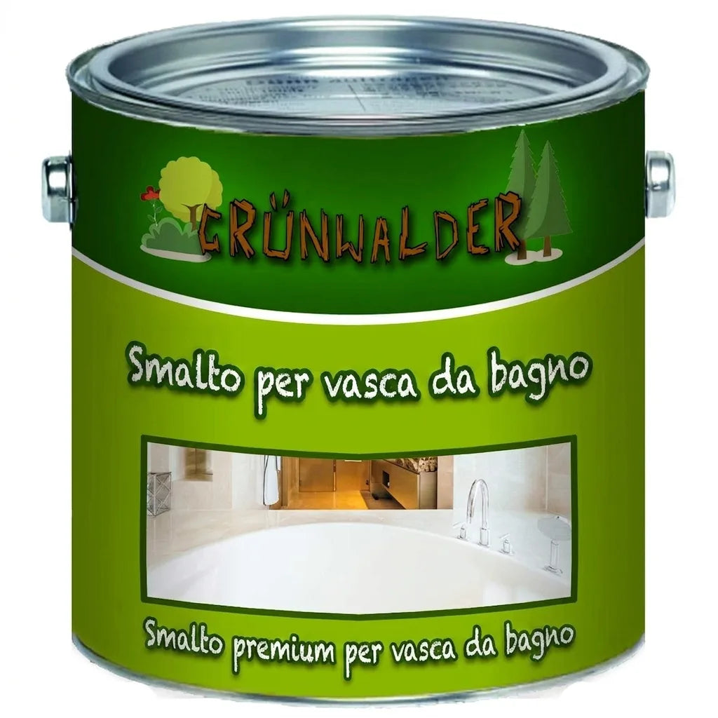 Lattina di vernice verde Grünwalder Premium per vasca da bagno con immagine di un bagno moderno.