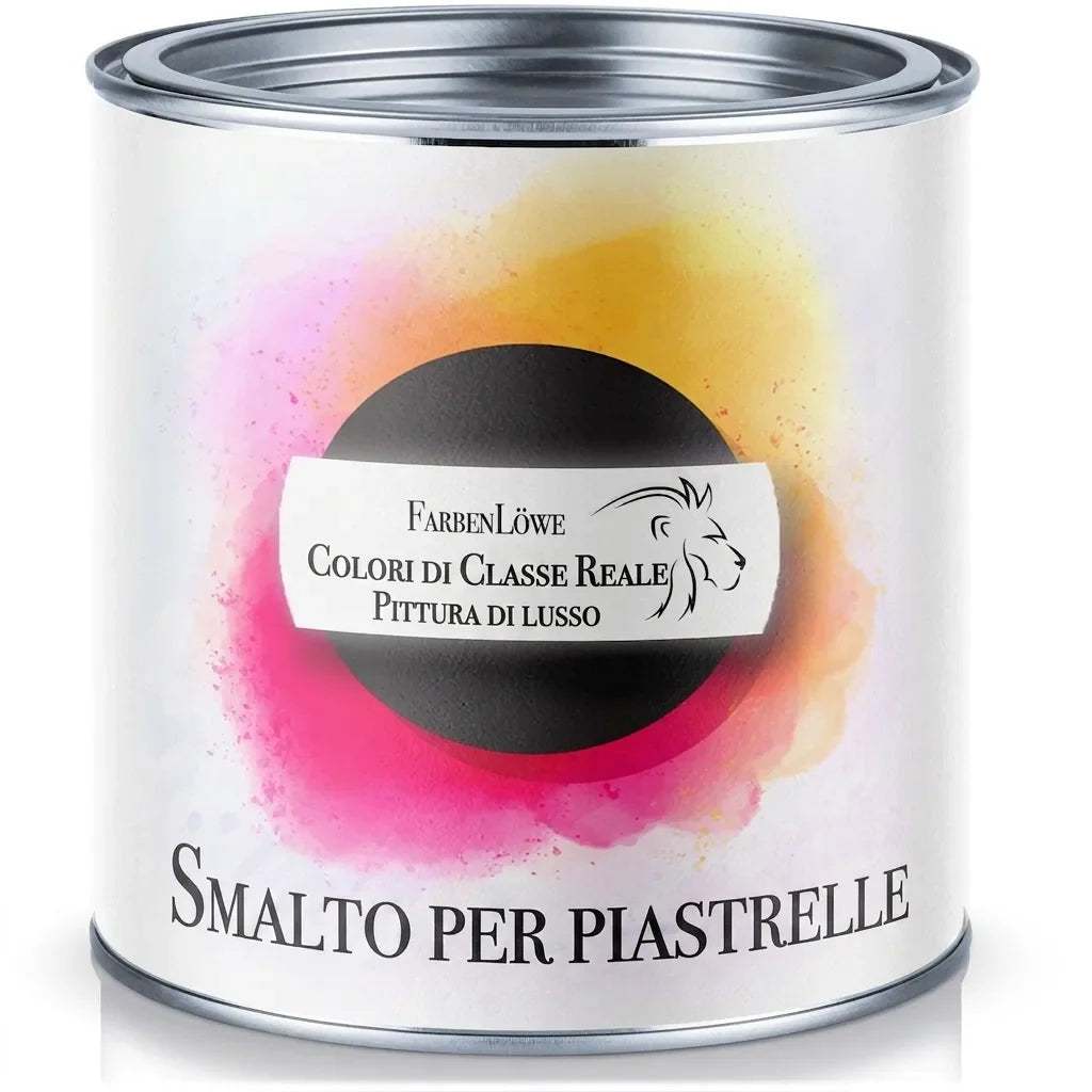Barattolo di pittura per piastrelle FarbenLöwe, con etichetta, logo leone e scritta 'Farben der Königsklasse'.