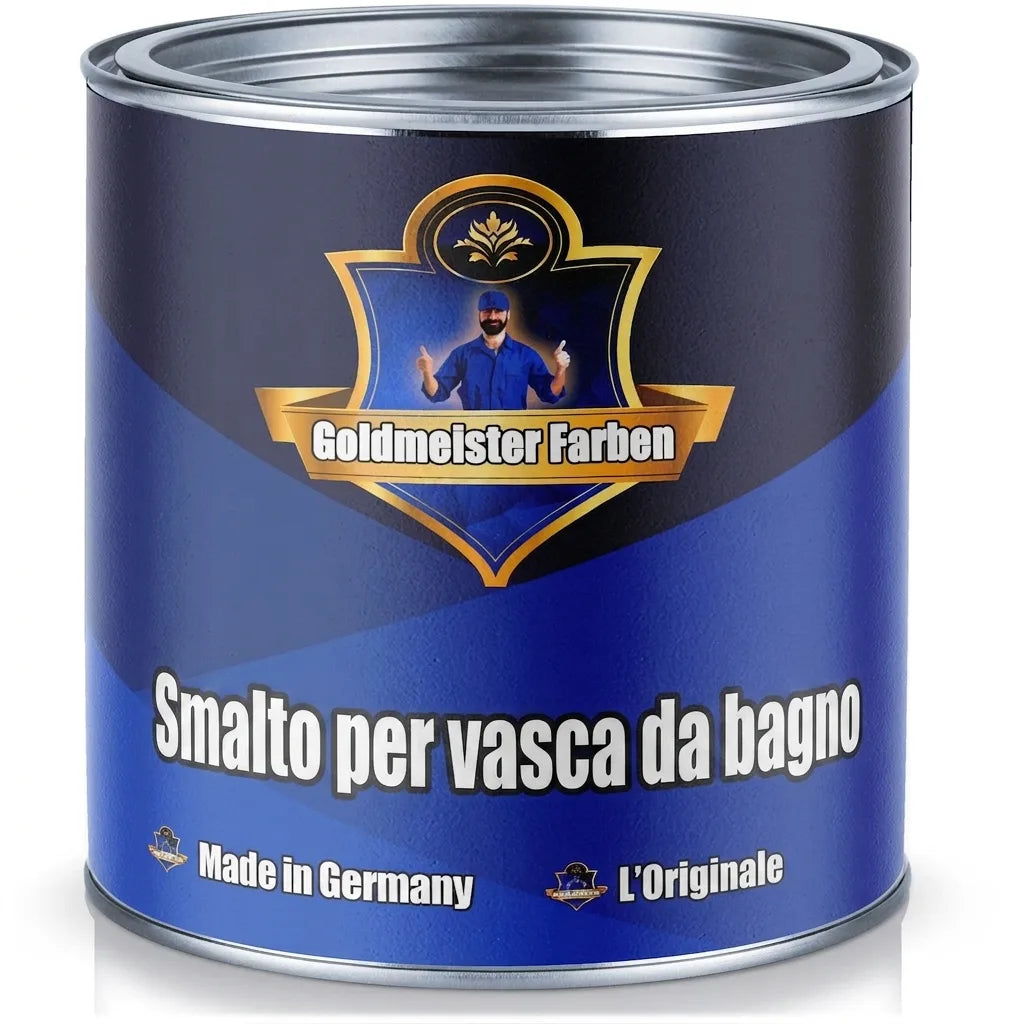 Barattolo blu di vernice Goldmeister Farben per vasca da bagno, con logo e scritta Made in Germany.