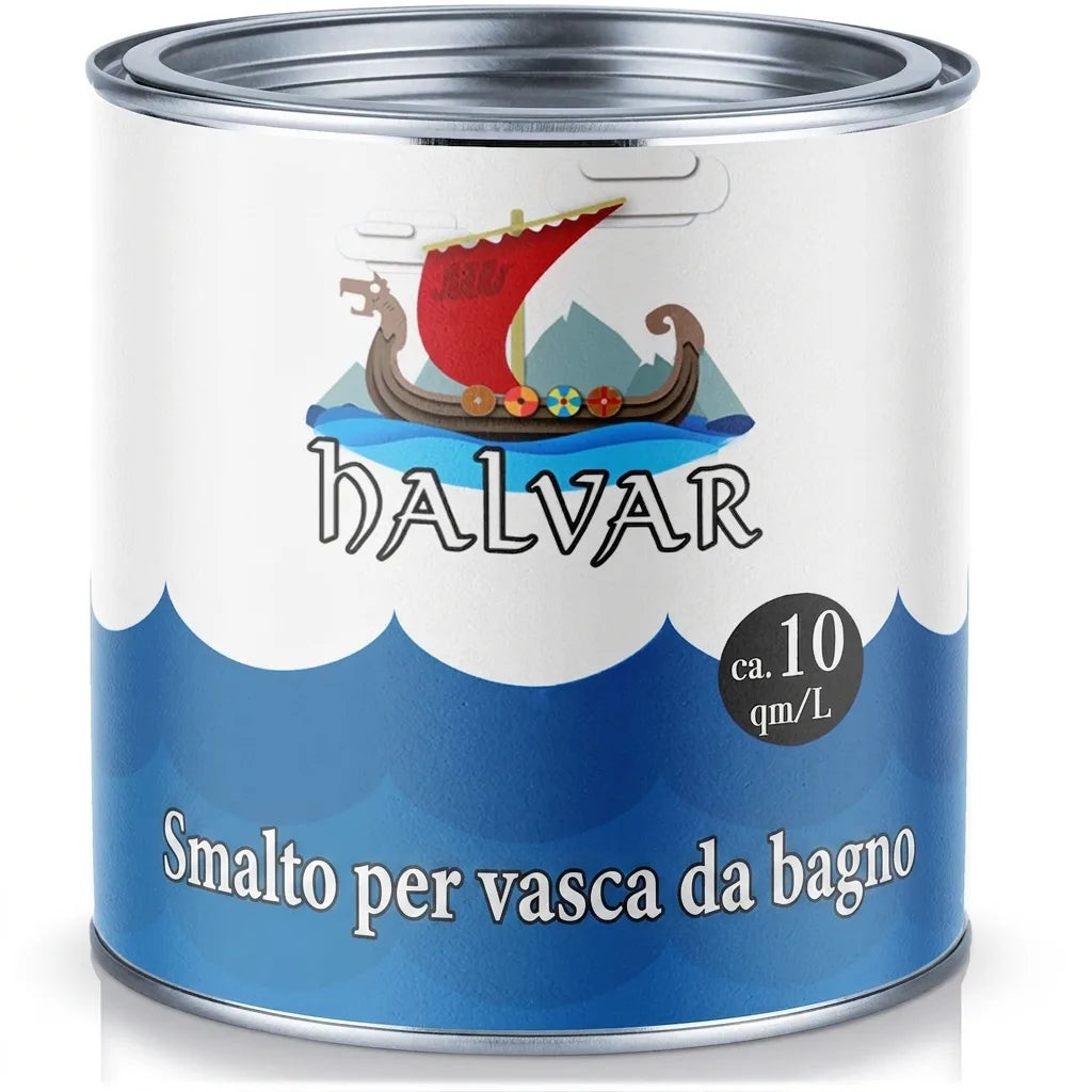 Barattolo di vernice HALVAR per vasche da bagno, resa circa 10 mq/L, con design di nave vichinga.