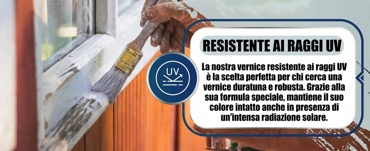 Vernice resistente ai raggi UV per esterni, ideale per superfici in legno. Mantiene il colore inalterato sotto il sole.