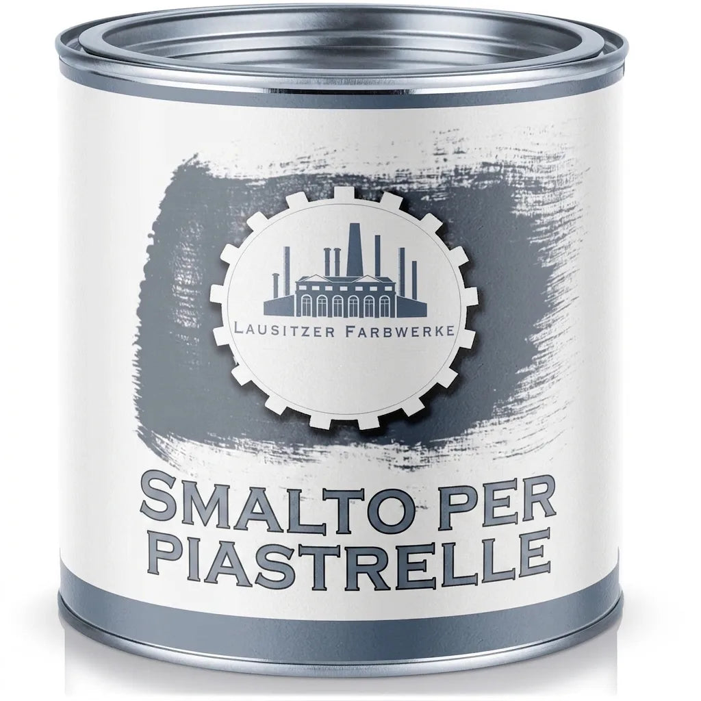Lattina di vernice grigia per piastrelle, con etichetta LAUSITZER FARBWERKE e testo FLIESENLACK.