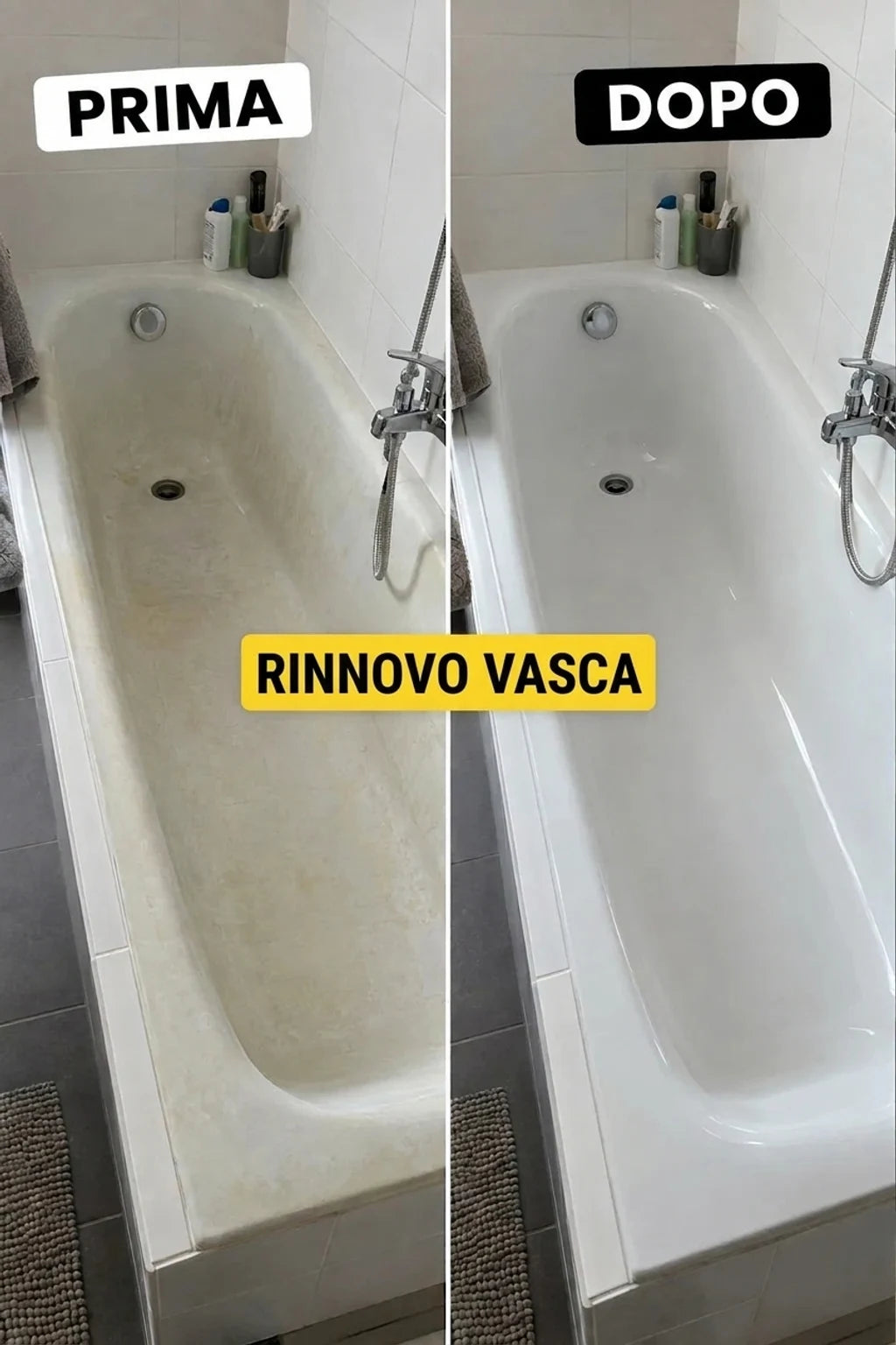 Foto comparativa: prima e dopo la ristrutturazione della vasca da bagno. Vecchia vasca sporca trasformata in una pulita e bianca.