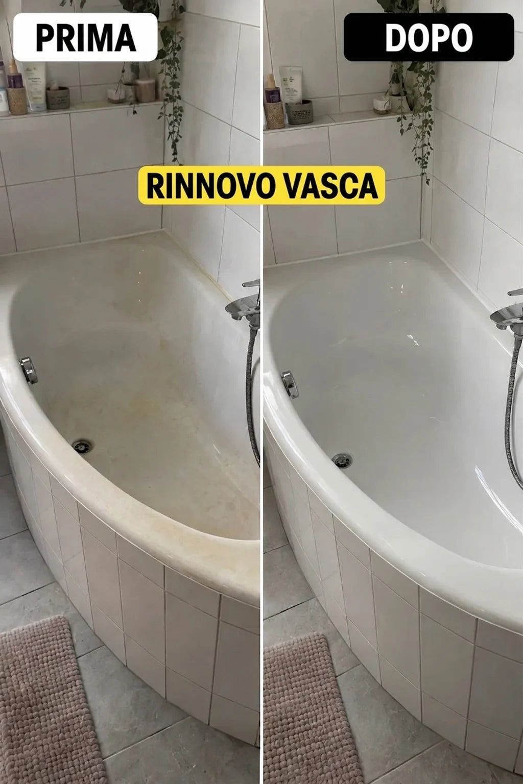 PRIMA e DOPO: Metamorfosi di una vecchia vasca ingiallita in un bianco pulito e splendente. Rinnovo del bagno.