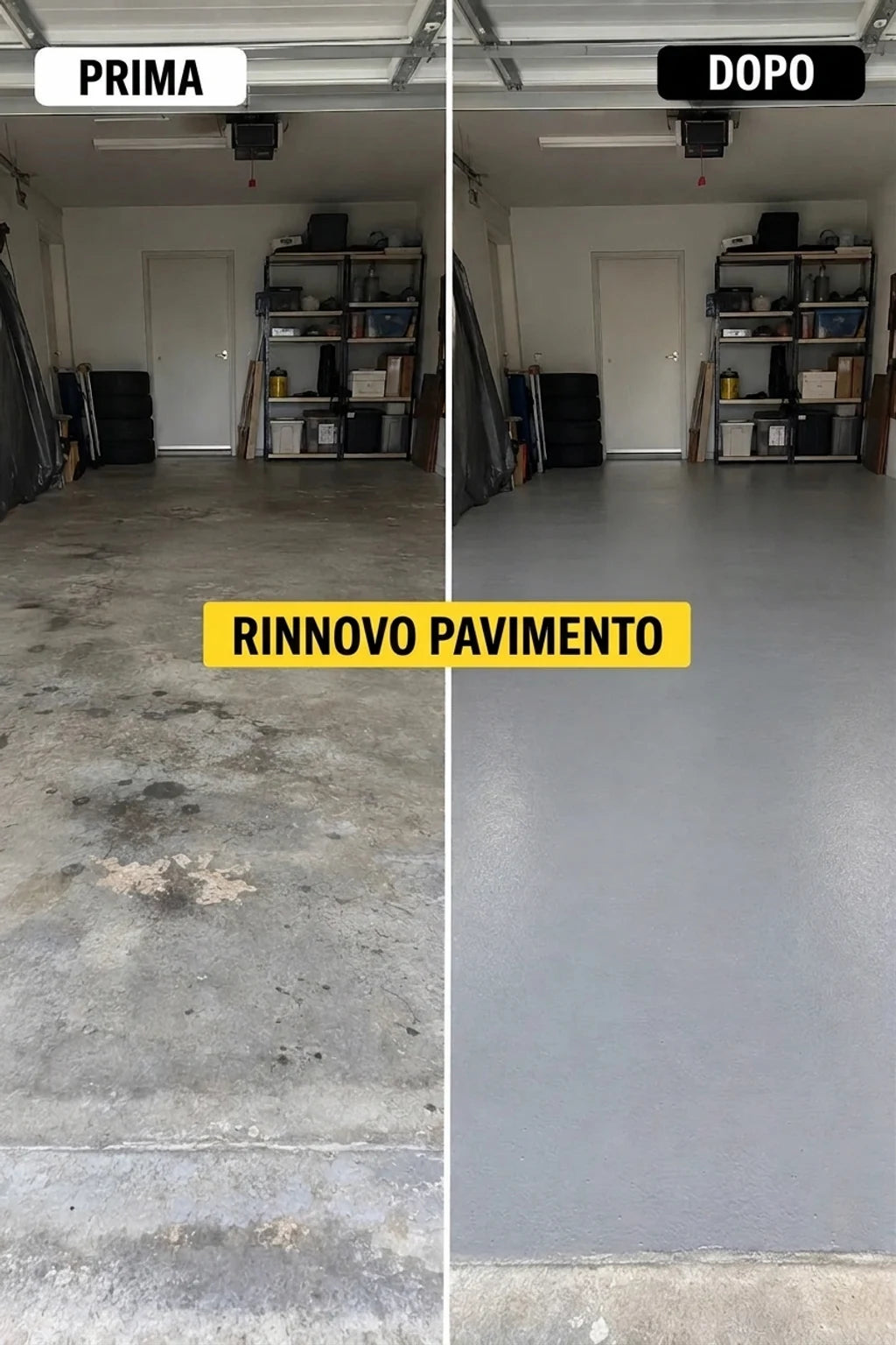 Prima e dopo la ristrutturazione del pavimento in cemento del garage, da sporco e macchiato a pulito e grigio.