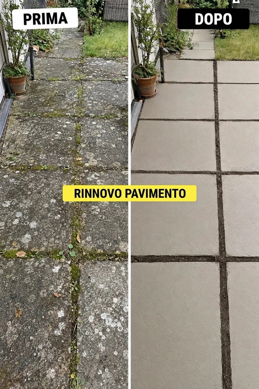 Prima e dopo: marciapiede in cemento sporco e invaso dalle erbacce (prima) e marciapiede in cemento pulito e rinnovato (dopo). Metamorfosi del sottofondo in cemento.