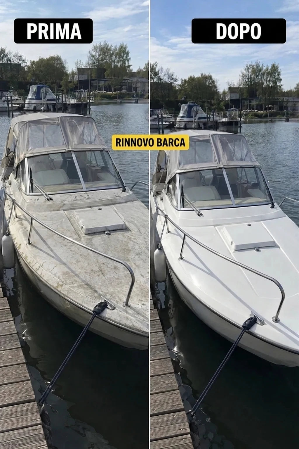 PRIMA e DOPO: Ristrutturazione della barca. Barca sporca al molo si trasforma in pulita e splendente, riflette il sole.