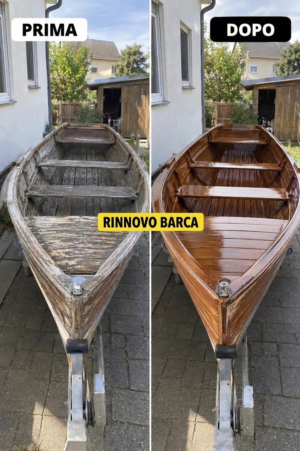 Barca in legno prima e dopo la ristrutturazione. A sinistra vecchia e danneggiata, a destra rinnovata e splendente.
