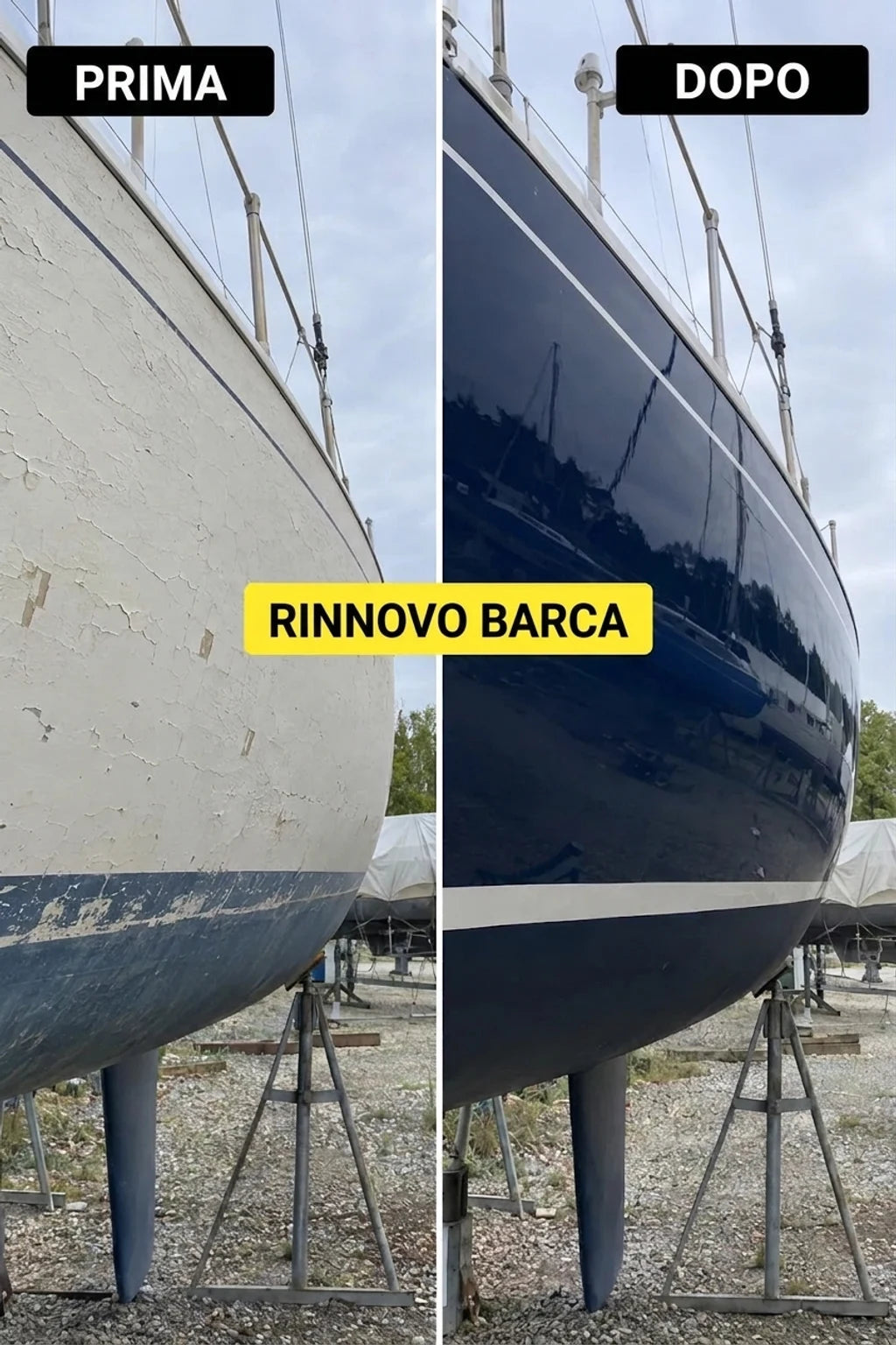 Yacht prima e dopo la ristrutturazione. Prima: scafo bianco che si sfoglia. Dopo: scafo blu scuro splendente con striscia bianca.