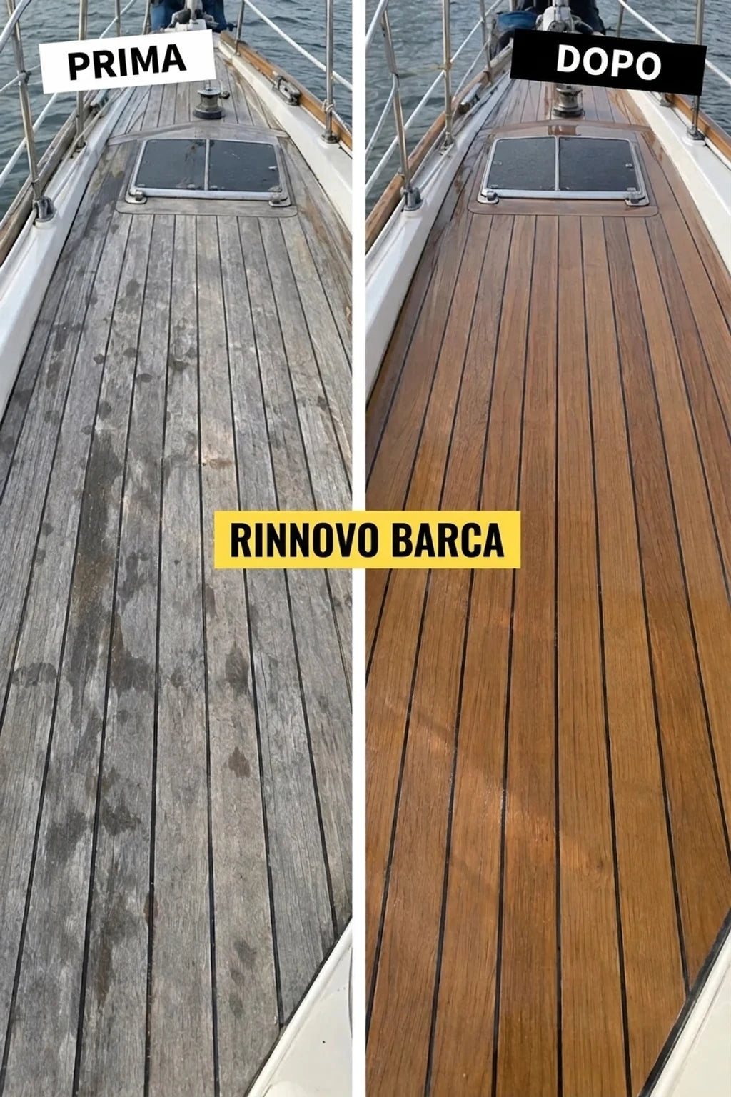 Foto comparativa: ponte della barca prima (grigio, danneggiato) e dopo (marrone, teak rinfrescato) la ristrutturazione.