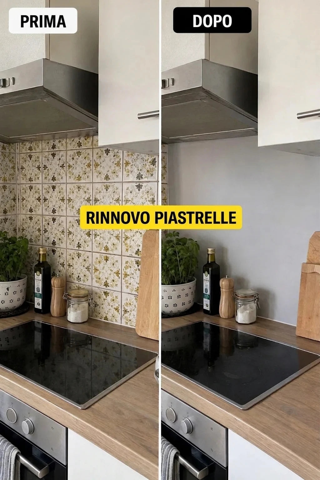 Confronto prima e dopo la ristrutturazione della cucina: vecchie piastrelle sostituite da una parete liscia e grigia sopra il piano di lavoro.