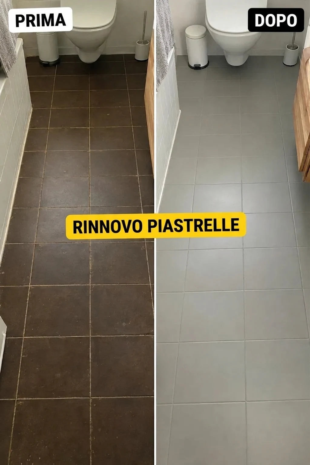 Ristrutturazione delle piastrelle del bagno: confronto prima e dopo. Vecchie piastrelle scure cambiate con nuove, grigio chiaro.
