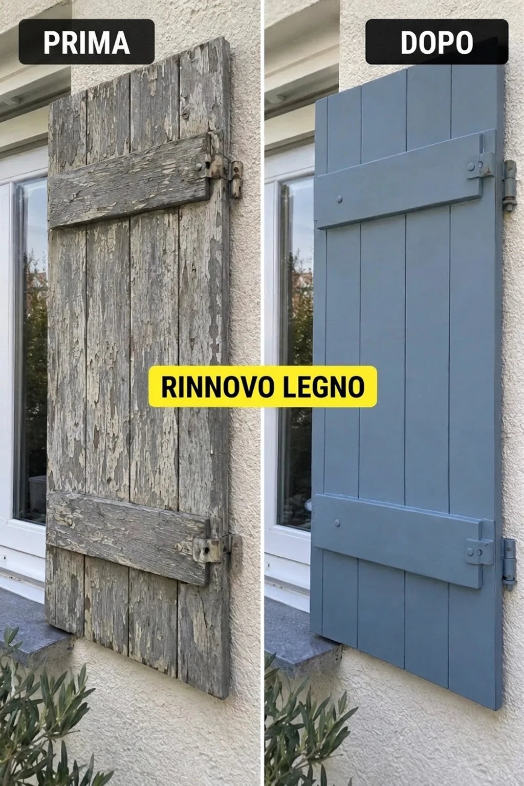 Foto prima e dopo: persiana in legno danneggiata prima della metamorfosi, accanto a una nuova persiana grigio-blu.