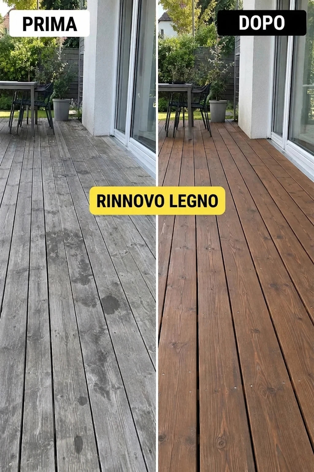 Terrazza in legno prima e dopo la ristrutturazione. Prima: assi grigie e deteriorate. Dopo: legno rinfrescato, marrone e curato.