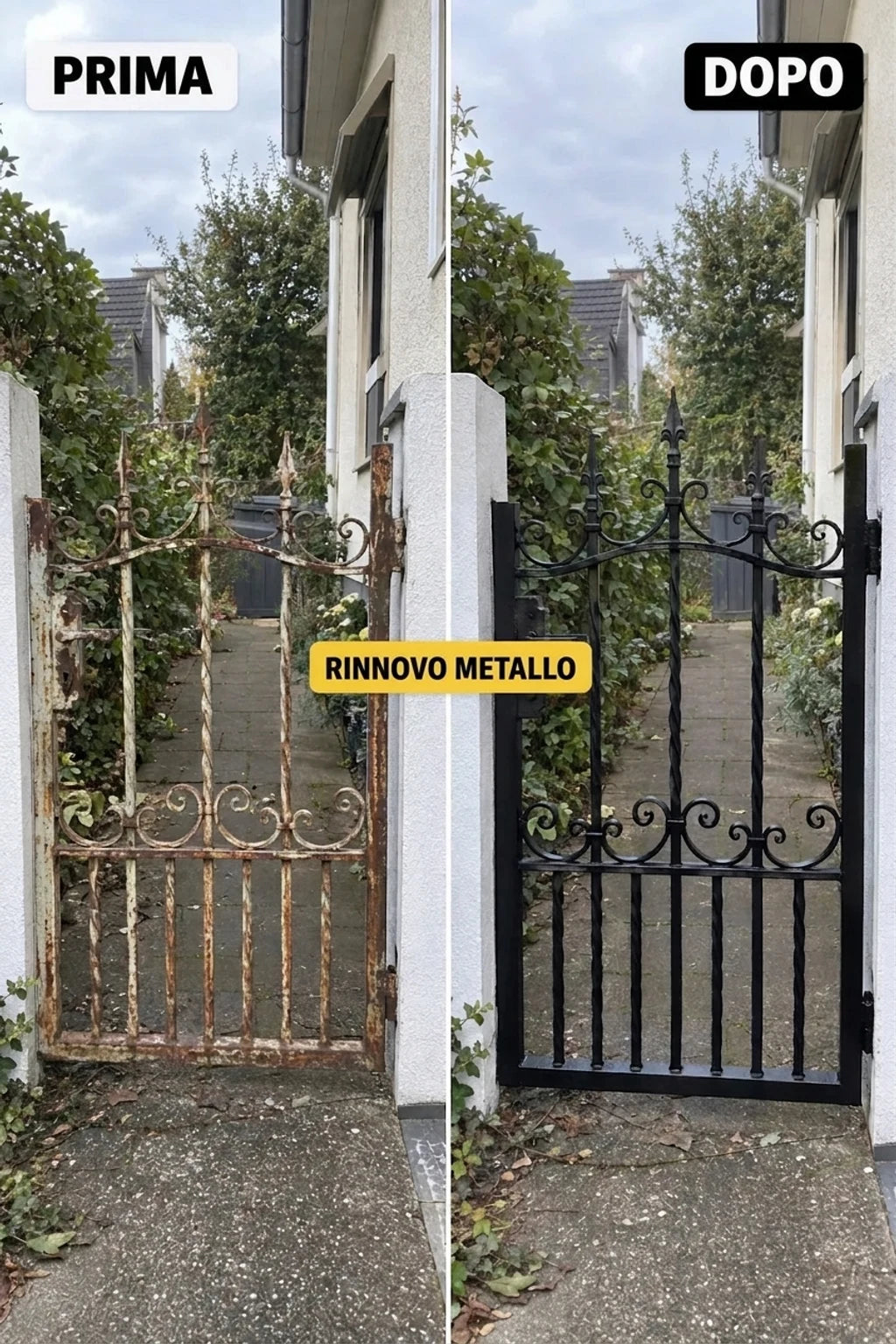Ristrutturazione di un vecchio cancello metallico arrugginito: prima e dopo, dalla ruggine a un elegante nero.