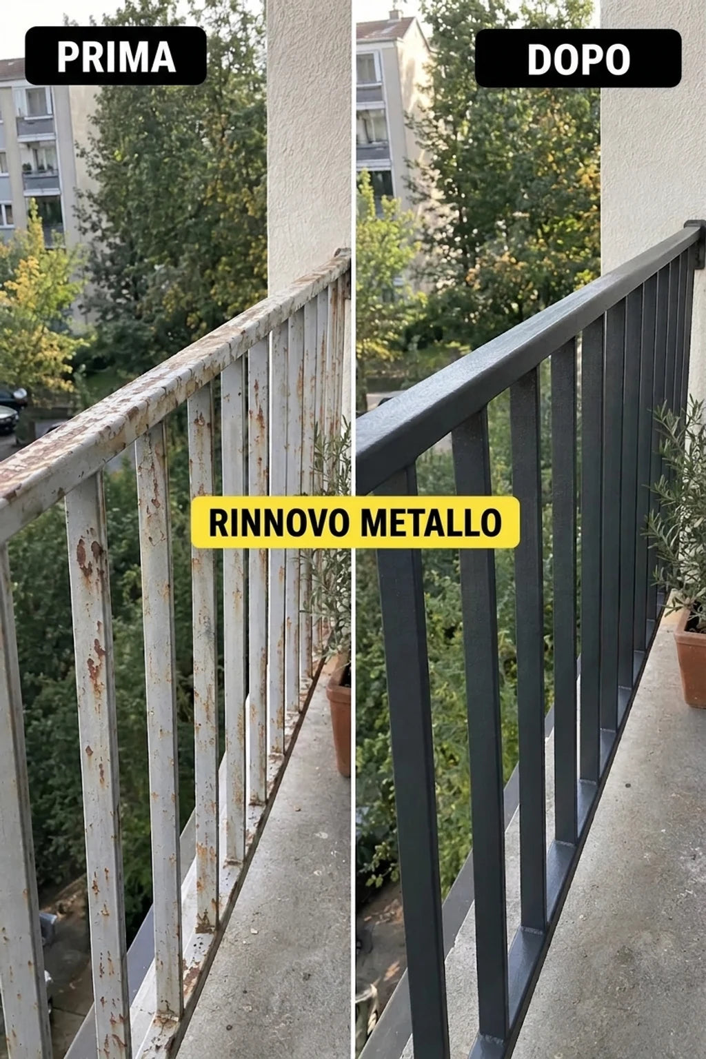 Prima e dopo: vecchia ringhiera metallica del balcone arrugginita e rinnovata, dipinta in grigio scuro.