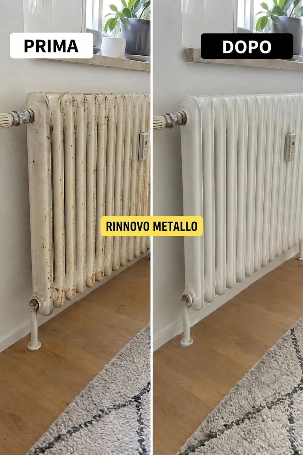 Prima e dopo: confronto tra un vecchio termosifone bianco arrugginito e un termosifone appena dipinto e pulito.