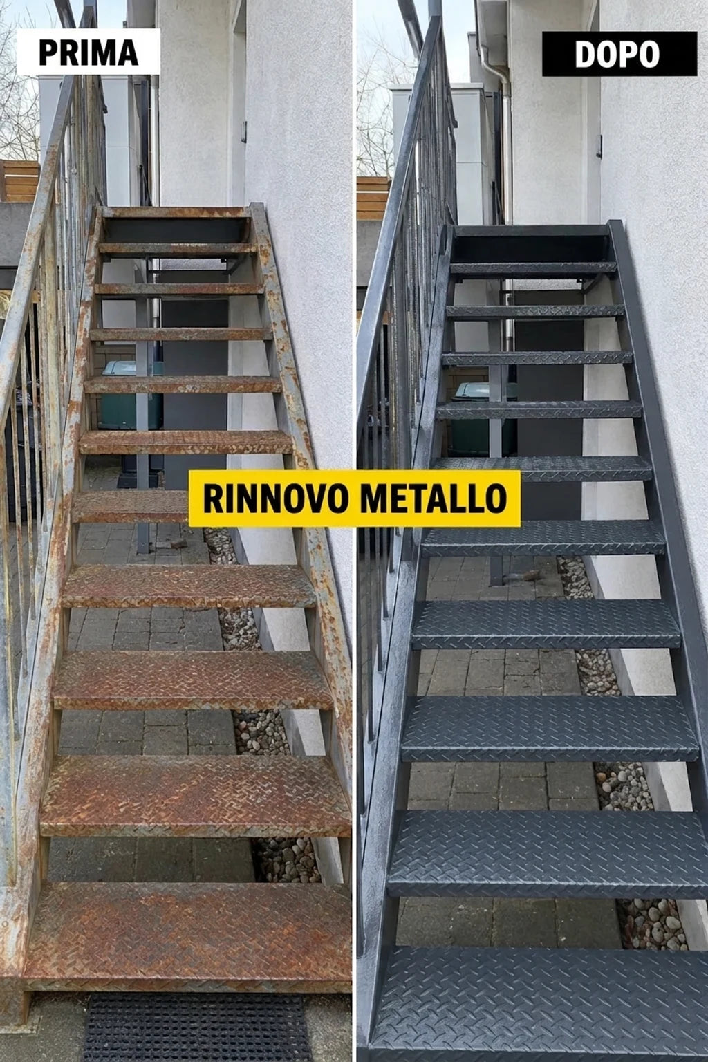 PRIMA e DOPO: Scale metalliche arrugginite rinnovate con vernice grigio scuro, sembrano nuove.