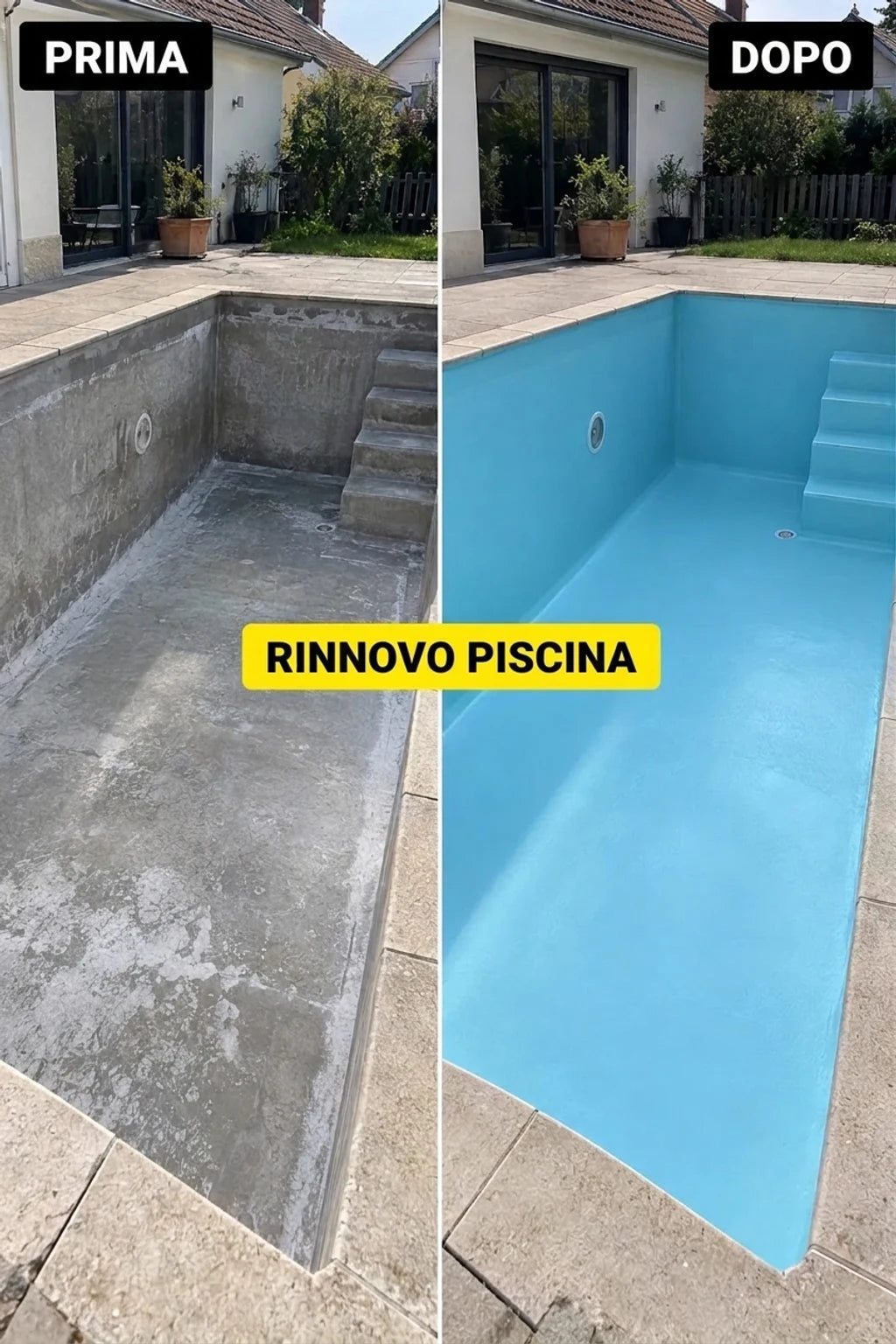 Foto prima e dopo. A sinistra vecchia piscina in cemento sporca, a destra piscina rinnovata in azzurro chiaro.