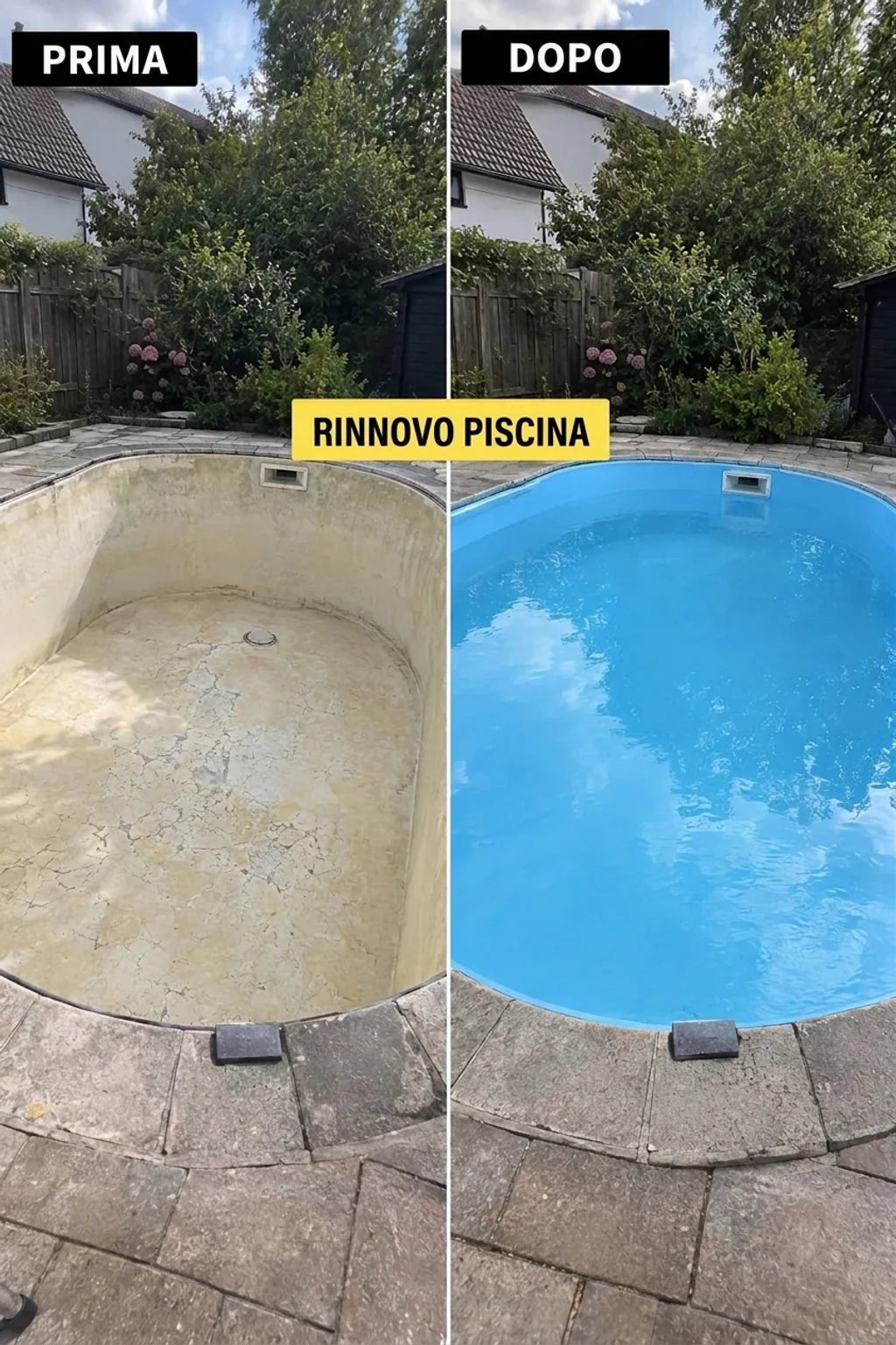 Metamorfosi della piscina: piscina sporca e vuota prima della ristrutturazione e pulita, riempita di acqua azzurra dopo.