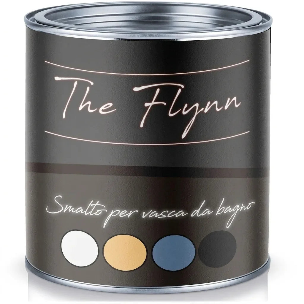 Barattolo di vernice per vasca da bagno The Flynn con colori bianco, beige, blu e nero.