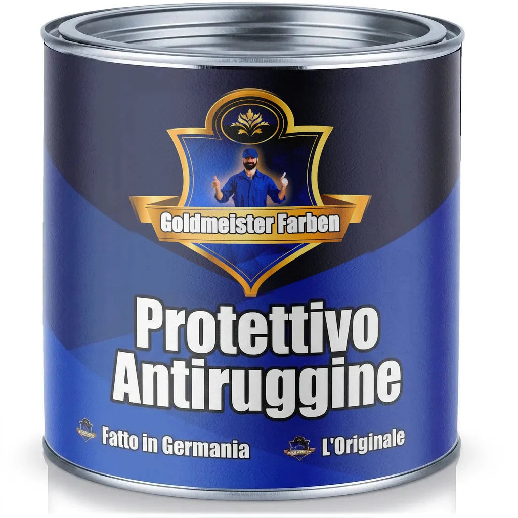 Lattina di vernice blu Goldmeister Farben Rostschutz, Made in Germany, con operaio sorridente.